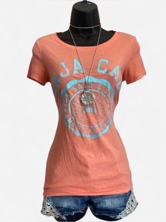 American Eagle Outfitters Tops - Y2k American Eagle Peachy Coral & Teal Fitted Baby Tee Baja Cali Surf